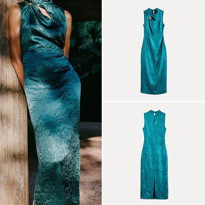 Spring 2025 Women's Gold Embellied Silk Satin Midi Dr Street Sle Svel round Ne Single Piece Polyester Fiber