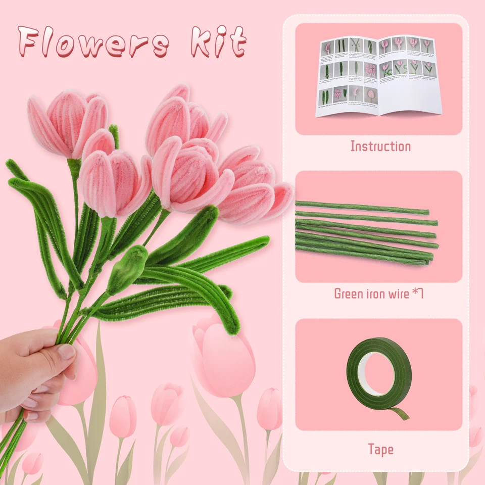 MIUSIE Tulip Set Pipe Cleaners Craft Supplies,Pipe Cleaner Flowers Kit ,Pipe Cleaners Set for Birthday Home Decoration