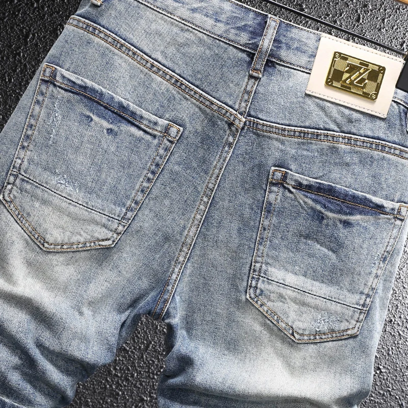 Summer Designer Fashion Men Jeans Retro Washed Blue Stretch Ripped Denim Shorts Men Y2K Embroidery Patched Vintage Shorts Hombre