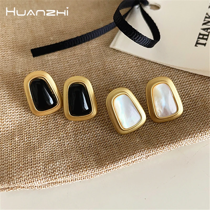 HangZhi Geometric Resin Matte Metal Stud Earrings Retro Korea Temperament Vintage Jewelry for Women Girls 2023