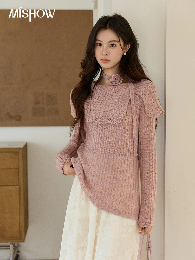 

Женский розовый вязаный свитер MISHOW в рубчик, весна 2026, с большим воротником, кружевной отделкой, поясом на талии, длинными рукавами, пуловер, топ MXF11Z2901