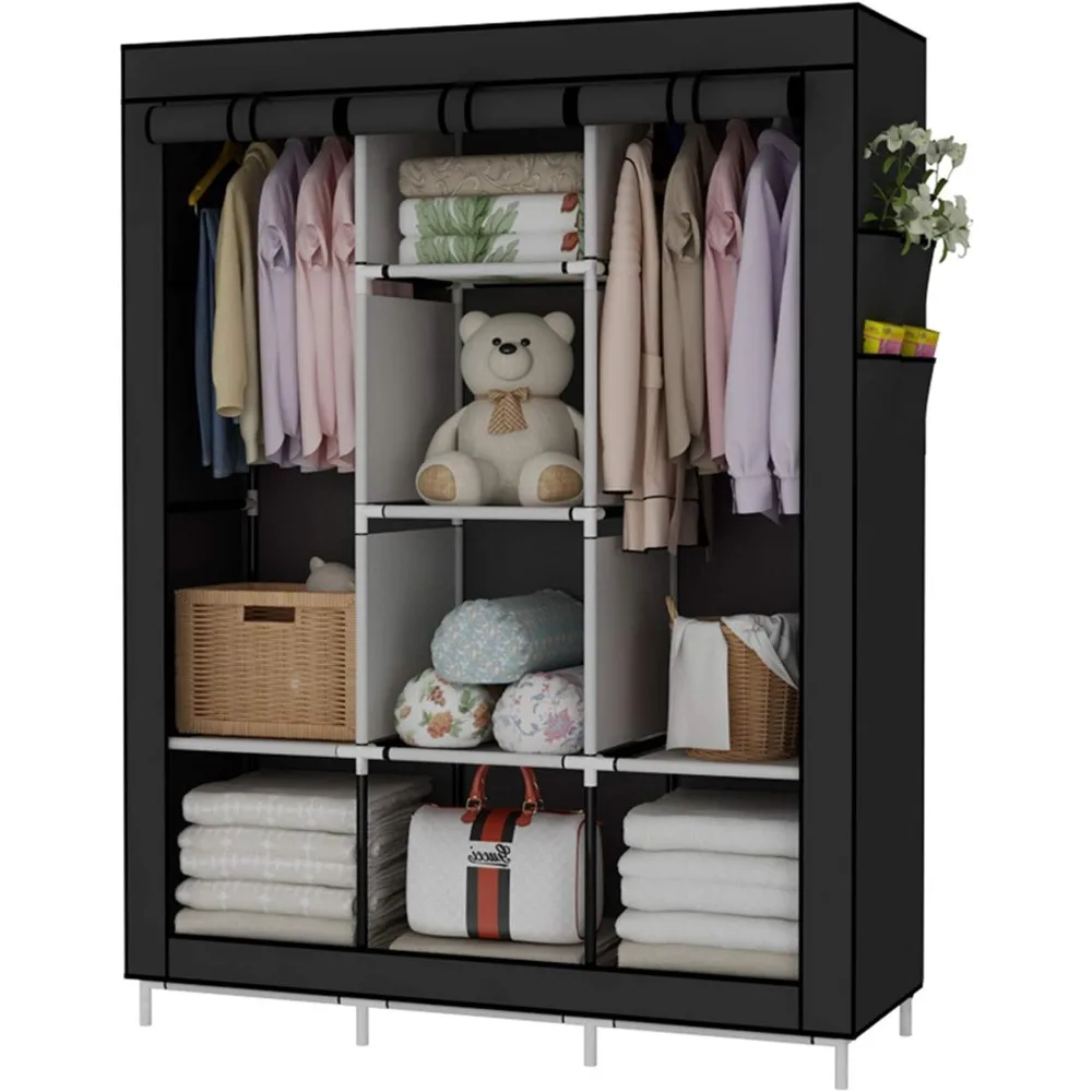 

Portable Wardrobe Closet Clothes Organizer Non-Woven Fabric Cover With 6 Storage Shelves Home Furniture Black Open Cabinets Room