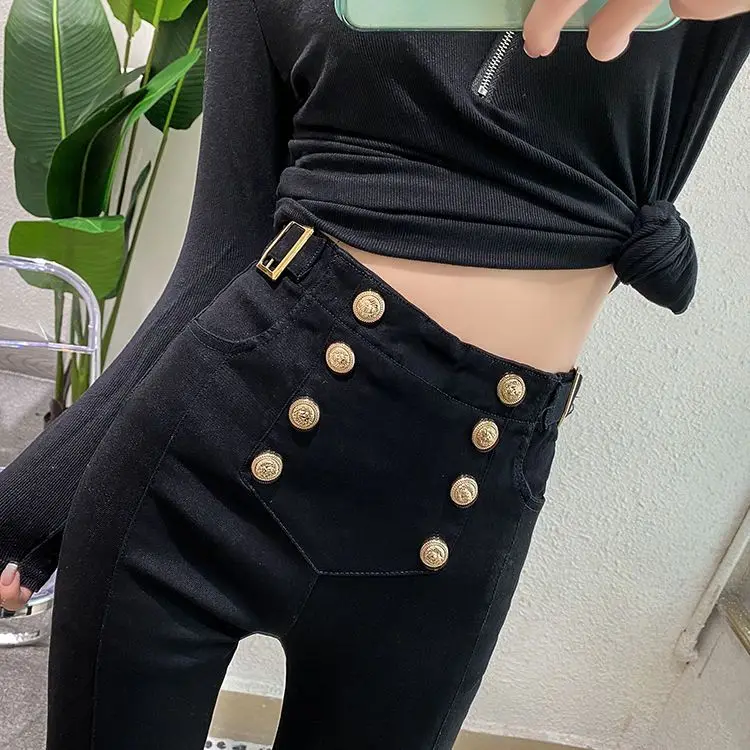 

New Slim Skinny Black Double-breasted Deco Jeans Women High Waist Vintage Jeans Streetwear Korean Denim Ankle-Length Pants A485