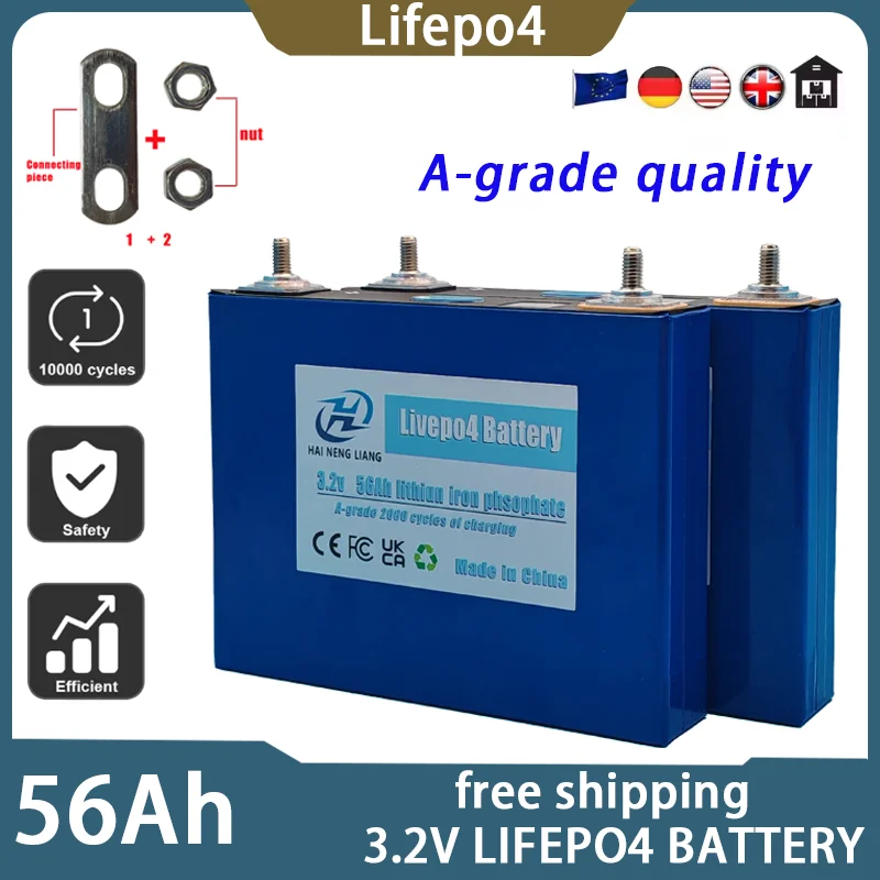 

New 100% capacity LifePO4 lithium iron phosphate battery grade A 3.2V56AH, solar powered RV camping vehicle Golf Carts UPS Motor