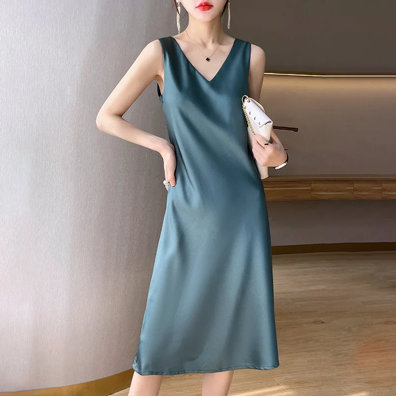 

Women's Elegant Satin Silk Dress Sleeveless Evening Long Dresses V-neck High Waist Woman Sundress Off Shoulder A-line Dress Robe