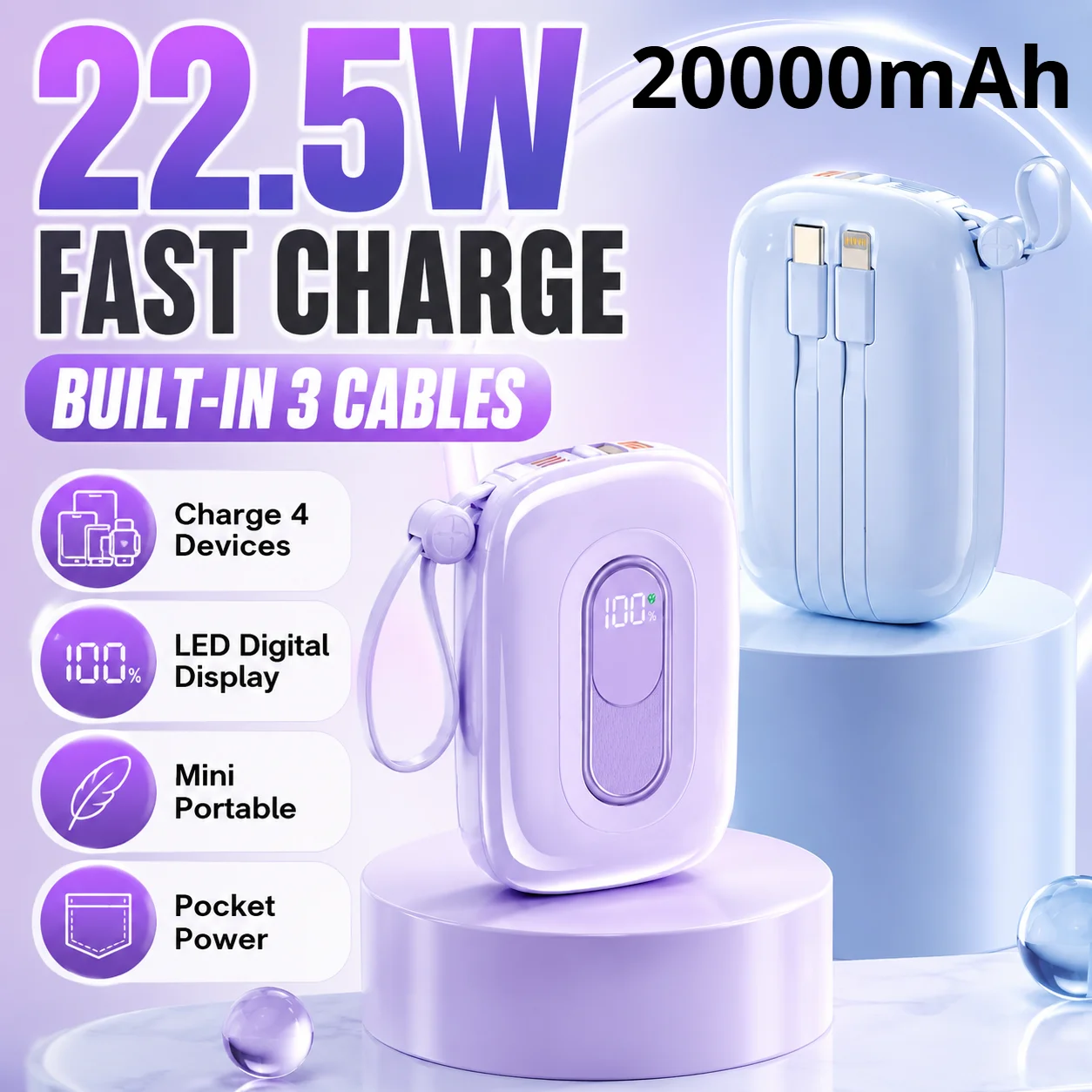 20000mAh Mini Power Bank Built-in Cable USB C Fast Charging Portable Charger LED for Battery for IPhone Android Samsung Xiaomi