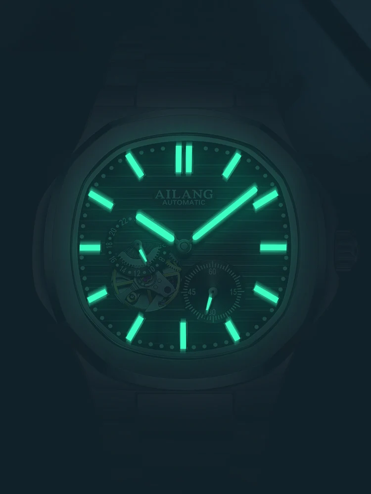 AILANG Brand New Fashion Square Mechanical Watch for Men Stainless Steel Waterproof Luminous Sport Skeleton Hollow Watches Mens