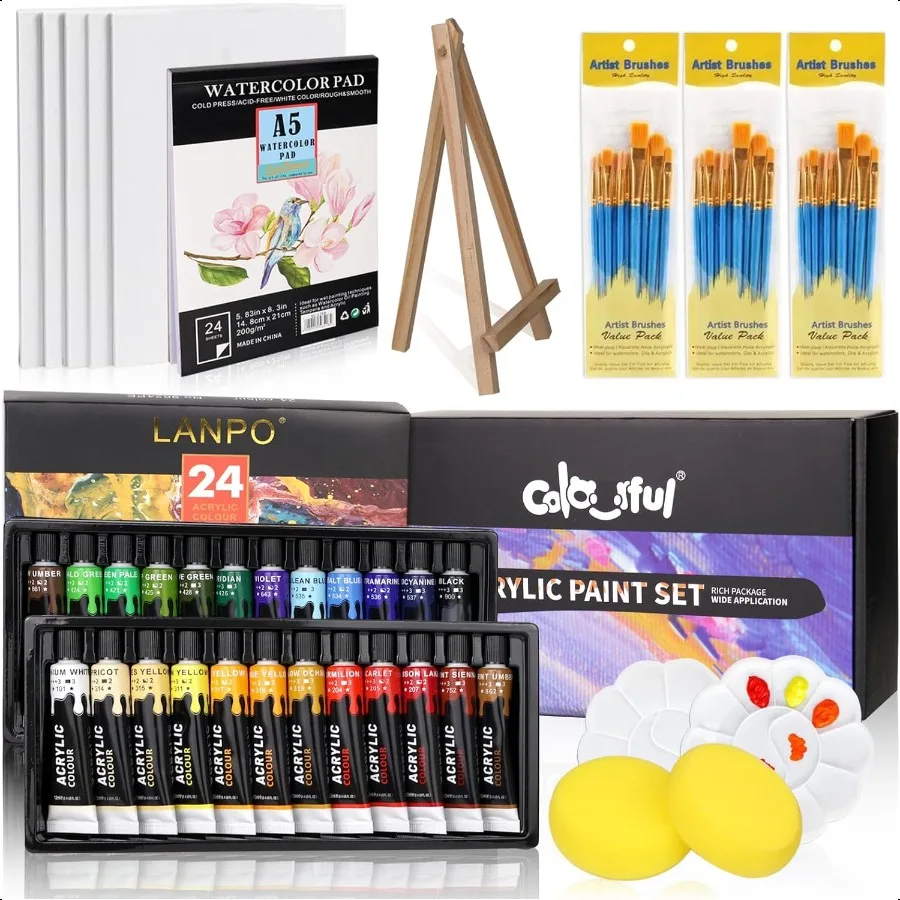 

Colorful Acrylic Painting Kit Paint plies Set with 24 Colors 30 Brushes 5 Canvases 1 Pad 2 Palette 2 Sponge 1 Wood Easel Art Ac