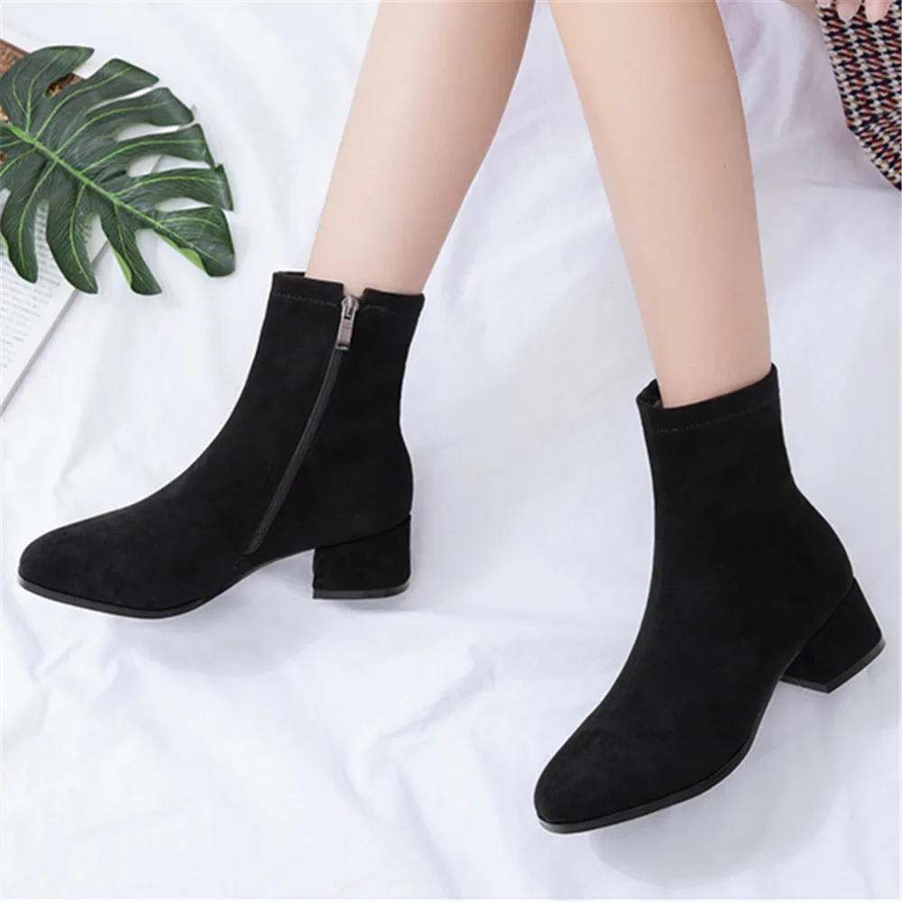 Woman Ankle Boots 2024 Autumn Winter Round Toe Low Heel Flock Black Comfortable Booties Lady Shoes Big Size 31 32 33 40 41 42 43