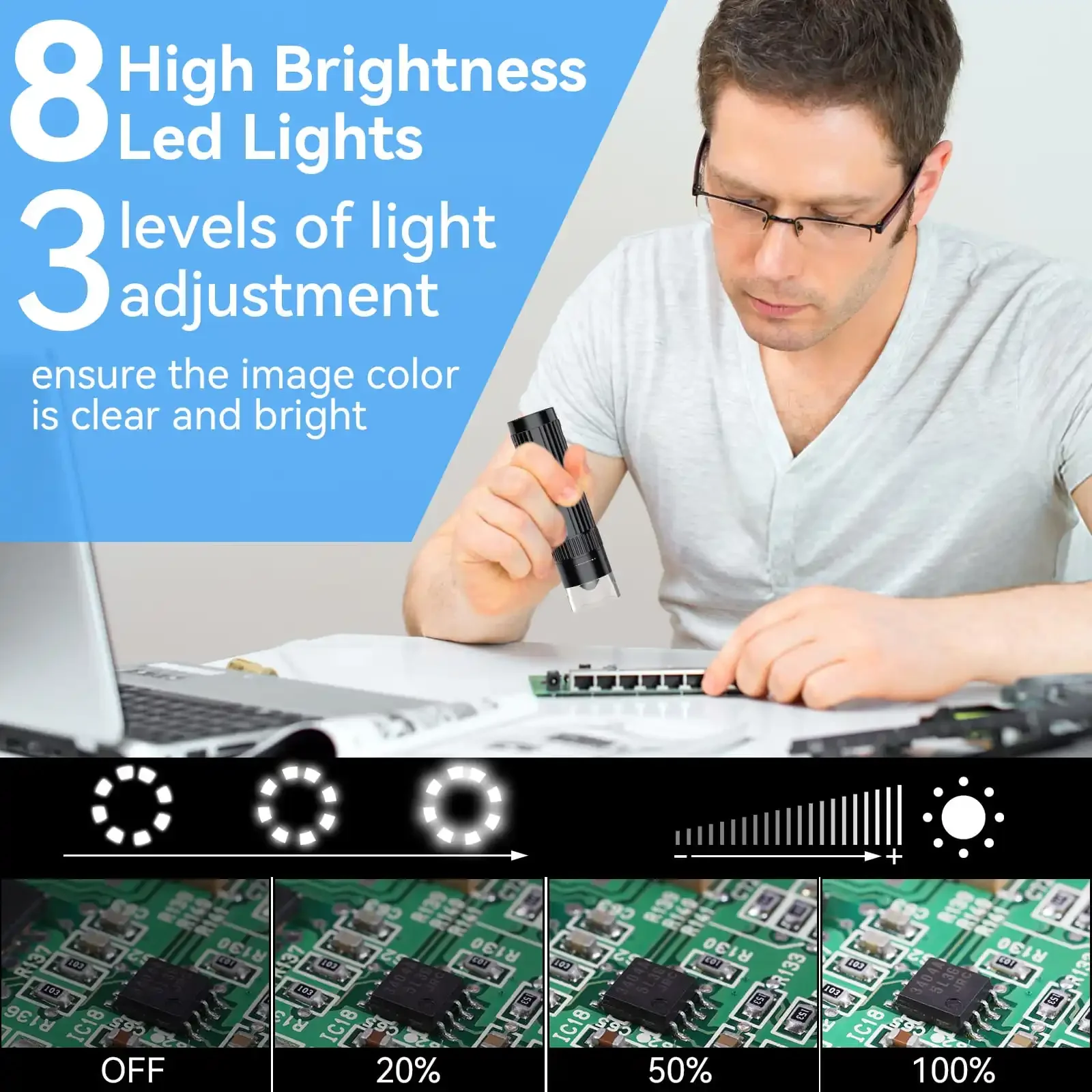 مجهر رقمي USB، 50x-1000x، كاميرا منظار تكبير 8 LED مع حامل، متوافقة مع Android Windows 7 8 10 11 Mac