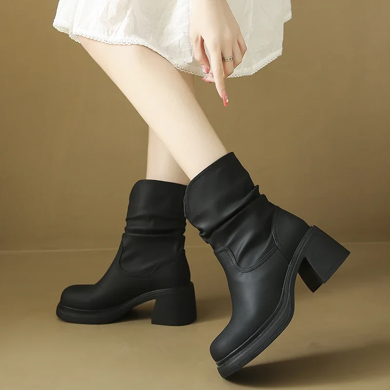 New Fashion Modern Boots Womens Thick High Heel Shoes Black/Khaki Round toe Real Leather Pleated Knee-High Slip-On Knight Boot