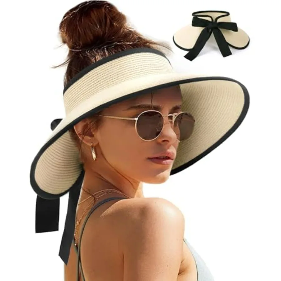 

Sun Visors for Women Wide Brim Beach Hat Foldable Straw Visor Hat Ponytail Summer Packable UPF 50+