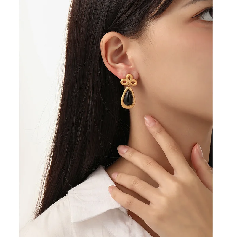 

French Chic Natural Black Stone Teardrop Ear Drop Dangling Vintage Silver Pin Chinese Knot Long Ear Stud Anti-rust Women Jewelry