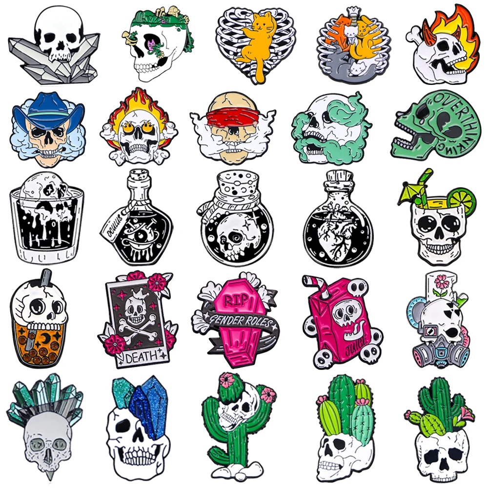 Halloween Skull Enamel Brooches Cartoon Skeletion Head Drink Cactus Flame Mask Lapel Pins Backpack Badges Jewelry Gifts