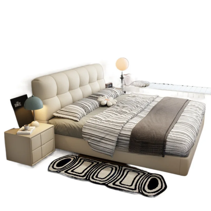 

Italian minimalist leather bed, master bedroom modern simple, small apartment black puff air pressure storage bed