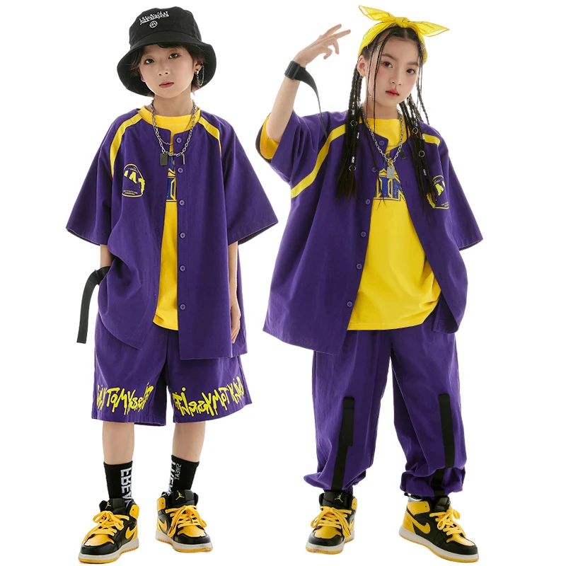 Modern Hip Hop Dance Clothes For Teenagers Purple Short Sleeves Coat Pants Loose T Shirt Girls Boys Jazz Show Costume BL10890