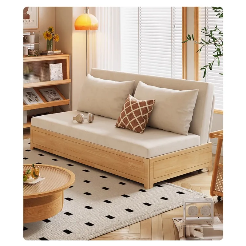 home solid wood foldable retractable sofa bed cream wind small apartment living room straight row dual-purpose sofa bed