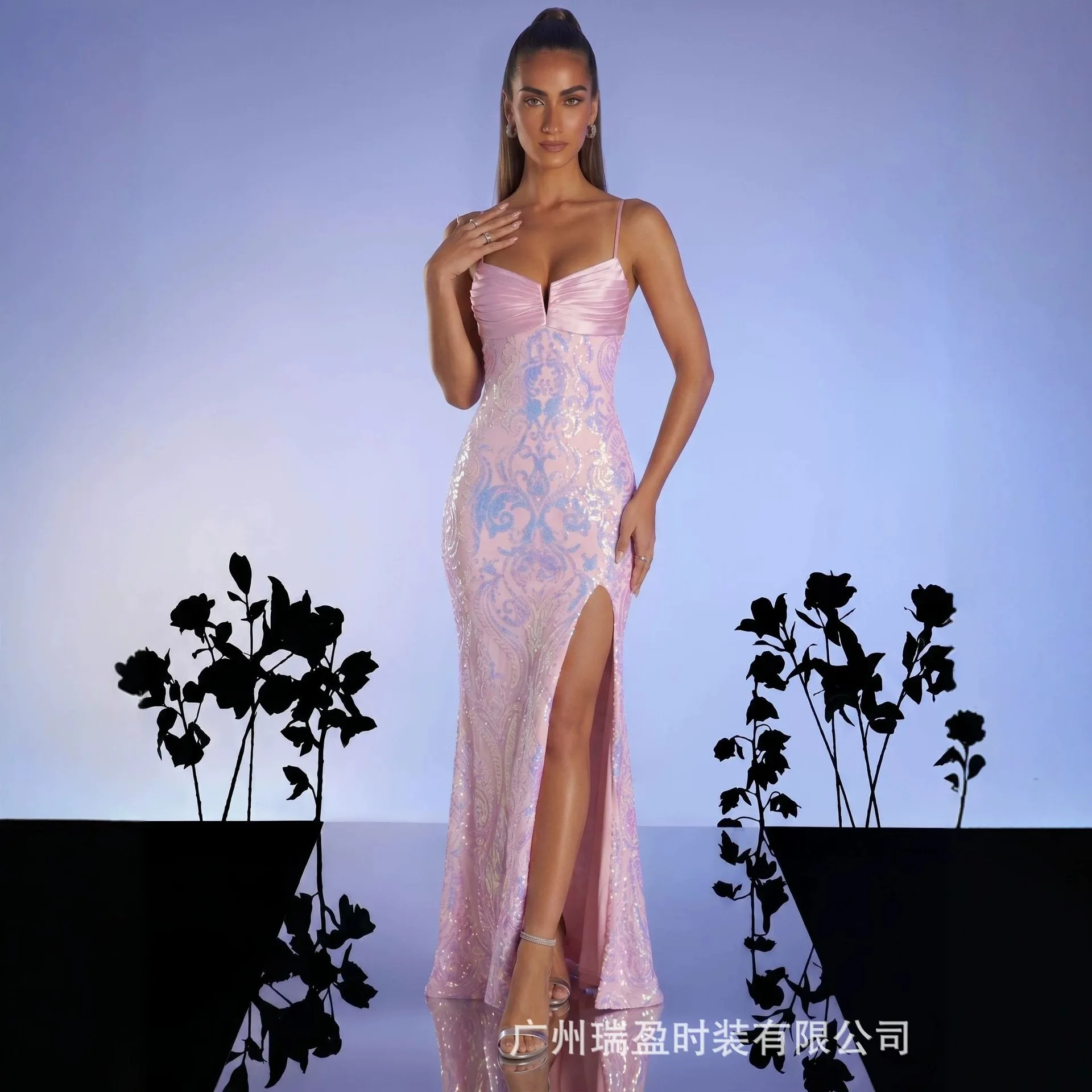 Sequin Strapless Bodycon Long Dress Backless Split Evening Party Maxi Dresses