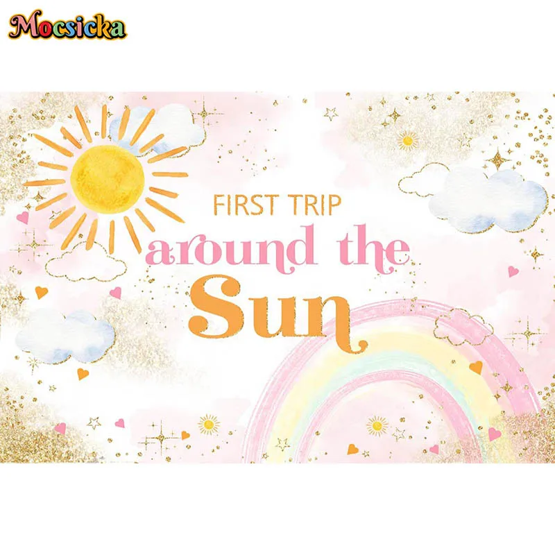 First Trip Around The Sun Backdrop Rainbow Cloud Gold Glitter Newborn First Birthday Baby Shower Background Party Decor Props