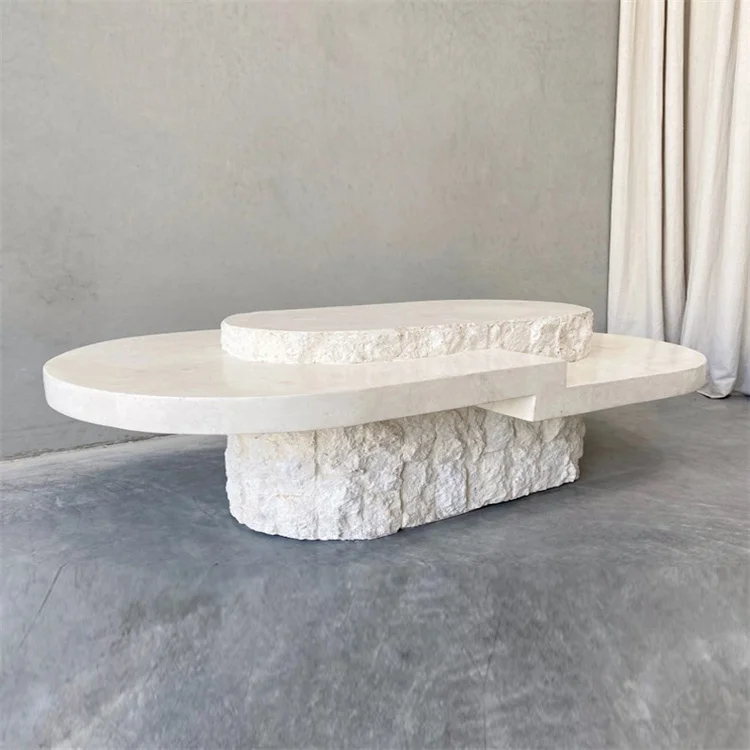 Customized Luxury Modern Extendable Fluted Column Travertine Marble Coffee Table for Living Room Hotel Apartment Villa Bedroom