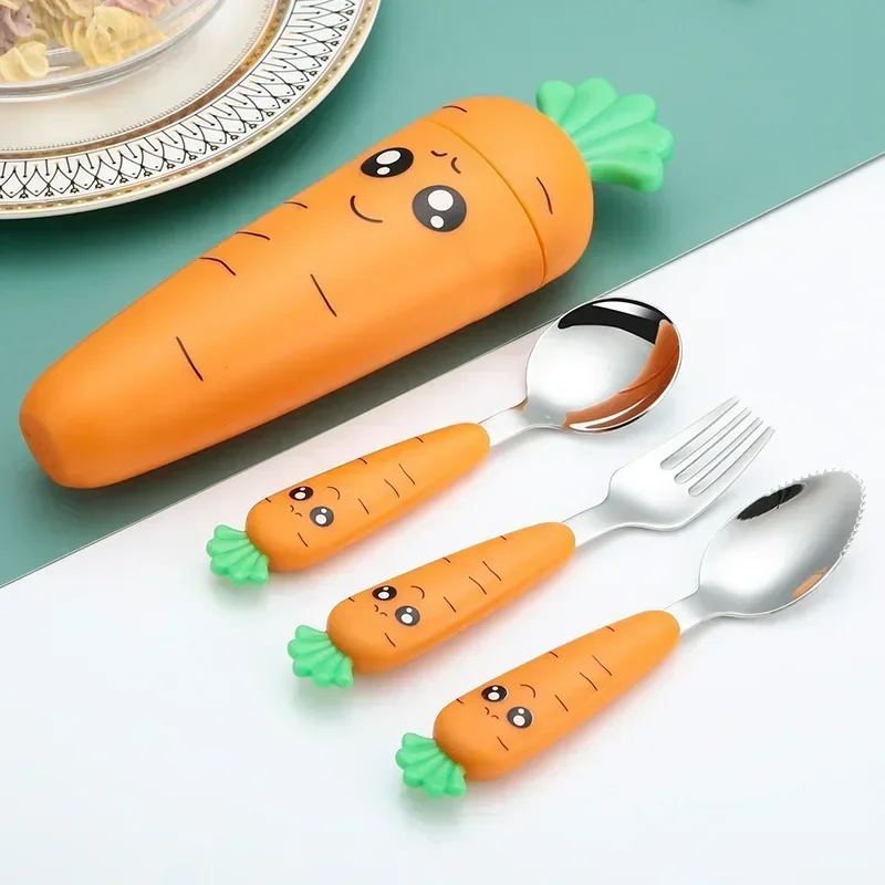 Baby Feeding Utensils Cartoon Carrot Fork Spoon Children Cutlery Set Kid Tableware Kitchen Gadgets Cake Vegetable Fork Teaspoon