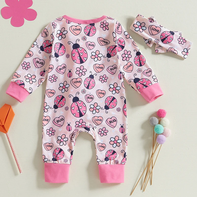 Baby Girls Valentine's Day Jumpsuit Long Sleeve Round Neck Ladybug Heart Print Romper with Headband