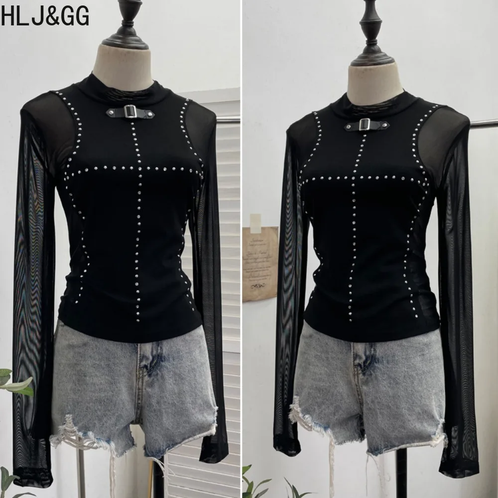 HLJ & GG-Camiseta Punk gótica Sexy de malla con diamantes de imitación para mujer, camiseta de manga larga de Color sólido, ropa de calle femenina