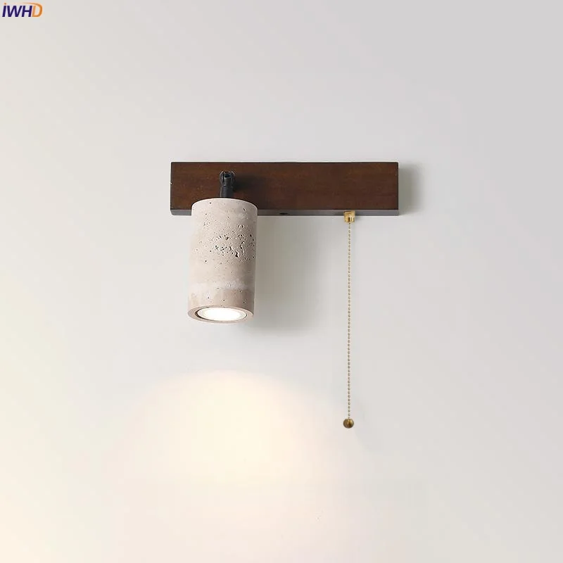 

IWHD Mid Century Modern LED Wall Light For Bedroom Living Room Pull Chain Switch Yellow Travertine Bedroom Lamps Lampara Pared