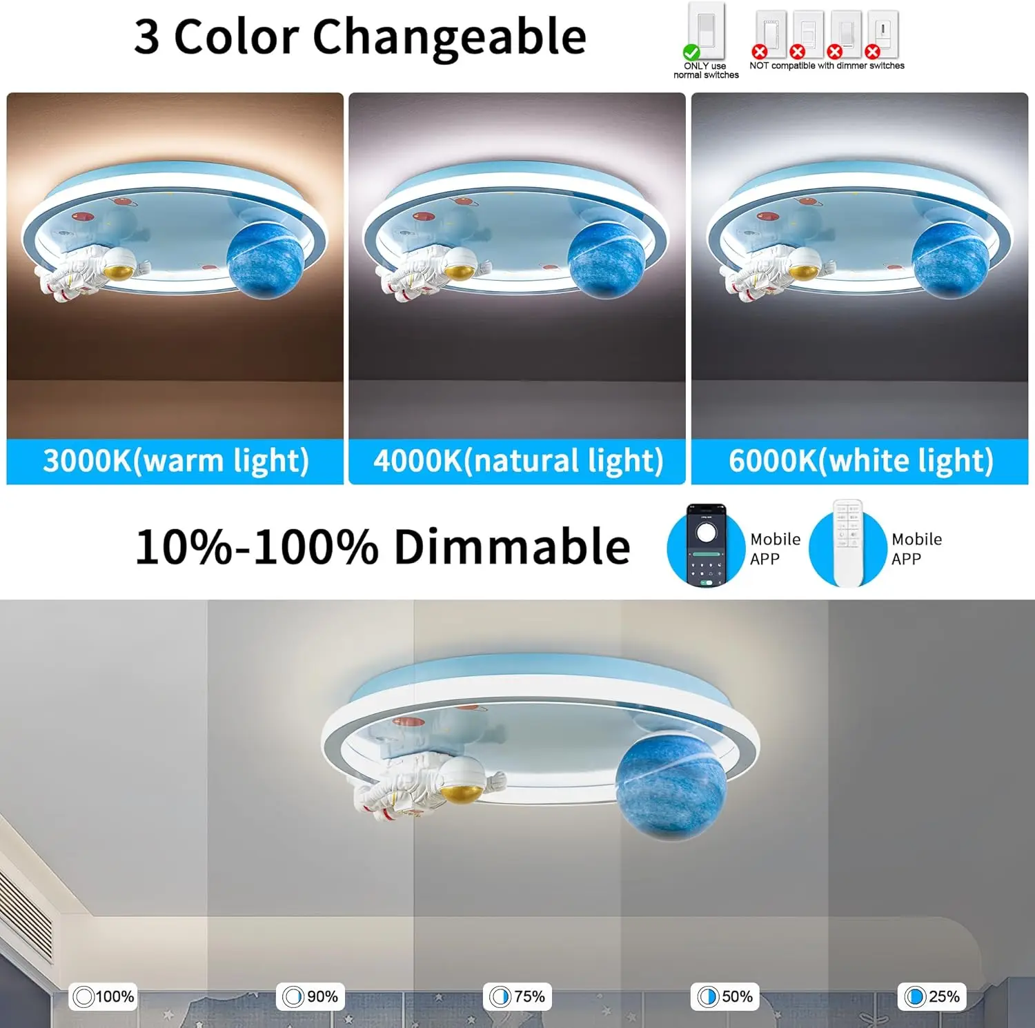 Luz de Teto Astronauta Regulável com Controle Remoto, Luminária LED de 20 polegadas para Quarto Infantil, Cozinha e Berçário