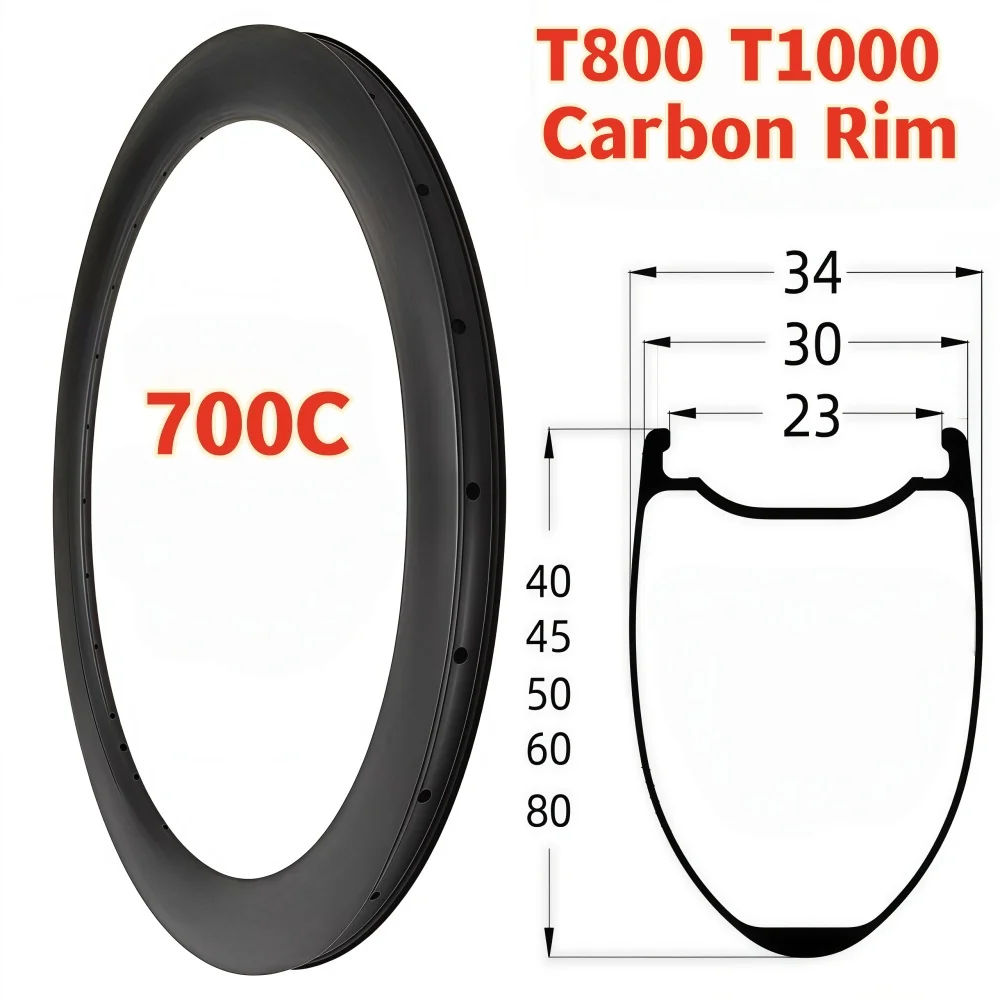 Image of 700C T1000 Carbon-Felge 34mm Außenbreite 23mm Innenbreite 40 45 50 60 80mm Tiefe Tubeless Scheibenbremse Rennrad Carbon-Felge