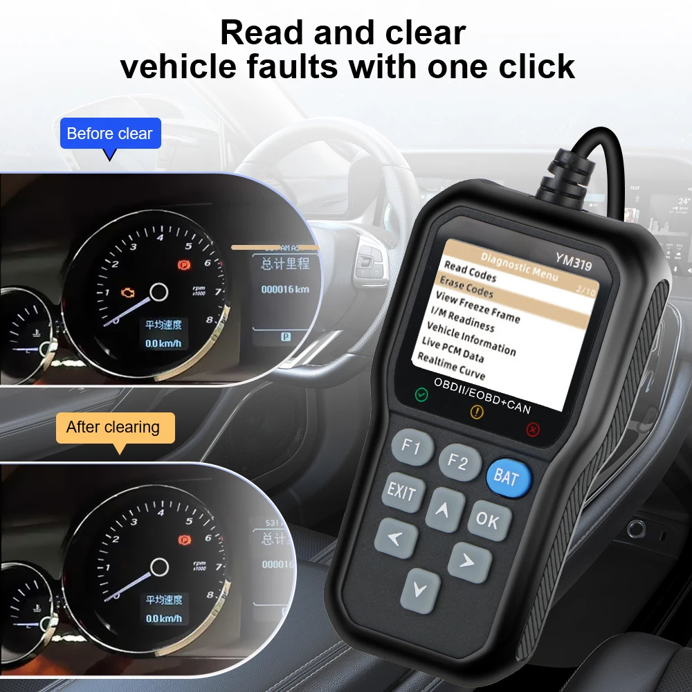 Check Engine System Battery Tester YM319 Read Vehicle Information Multi-language OBD2 Scanner Code Reader Car Diagnostic Tool