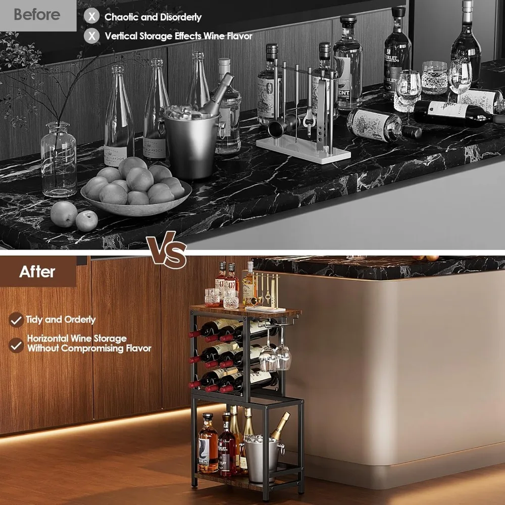 3-Tier Freestanding Wine Rack with Glass Holder, Versatile Liquor Display Stand for Home Bar in Black and Brown