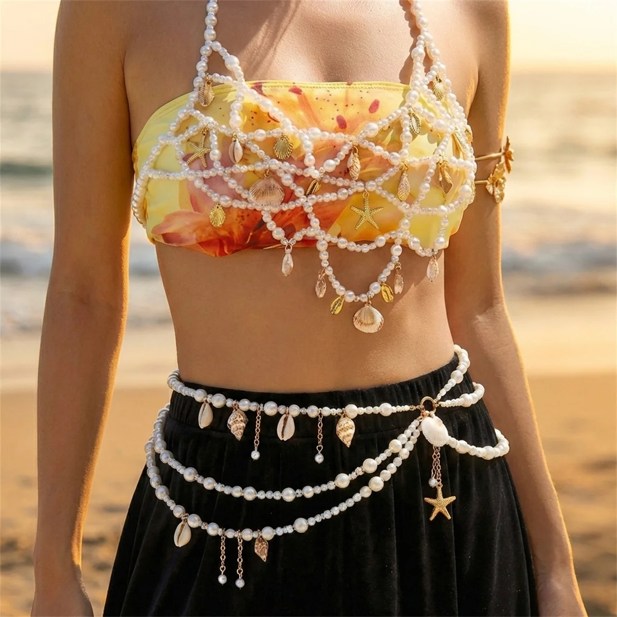 Design Sense Hollow Net-like Imitation Pearl Chest Chain Waist Chain for Women Summer Conch Starfish Tassel Bikini Body Jewelry