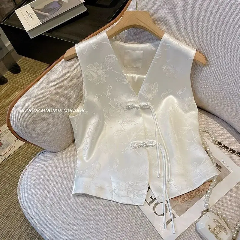 

Blouse Women's Spring Summer Chinese Style Button-Fastening Embroidered Retro Vest Jacquard Elegant Cropped New Versatile Unique
