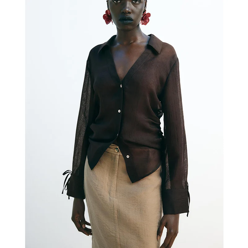 Summer New Women's Faion  Knot Decorated Semi-Transparent Long Sve V-Ne irt Top Polyester Fiber 00%