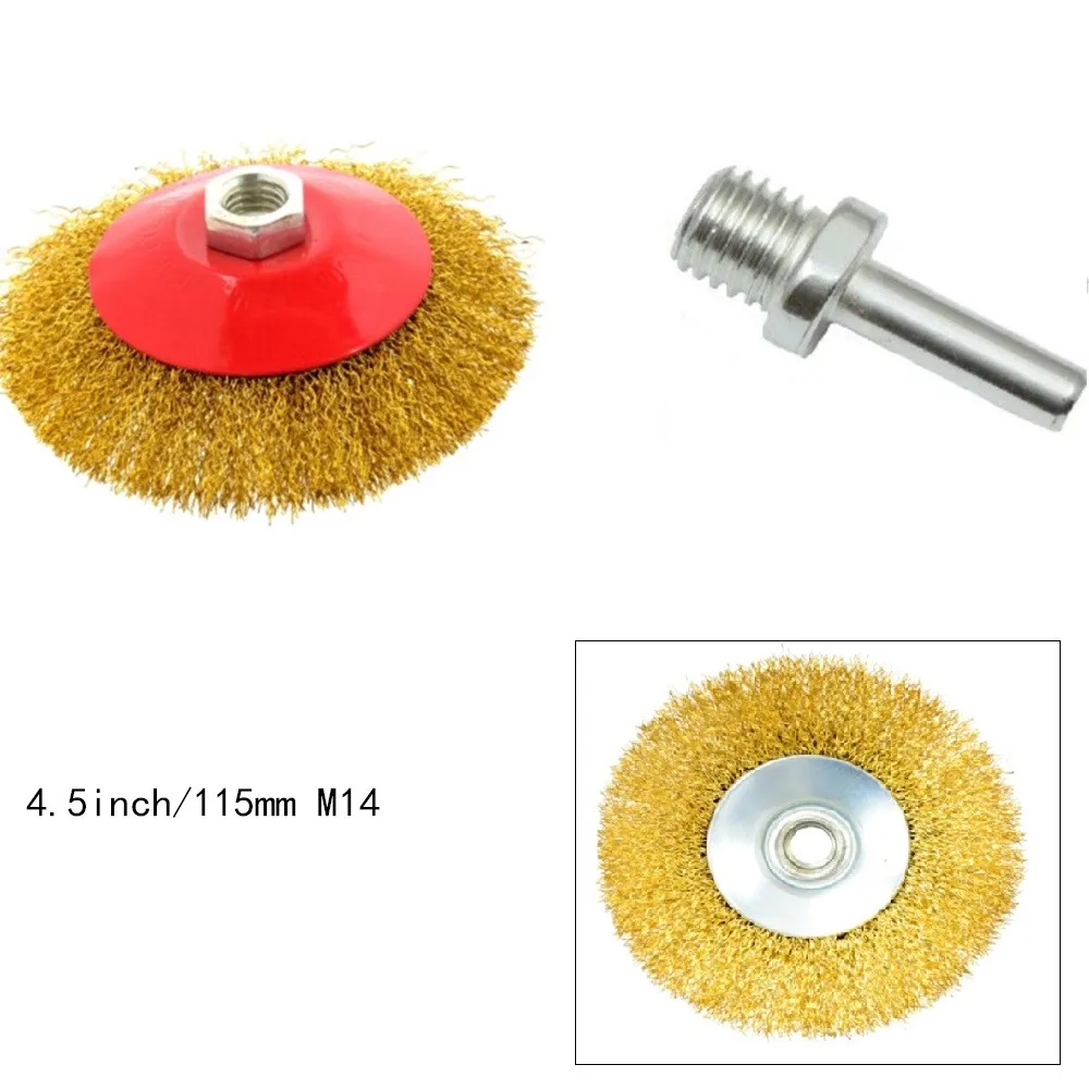 Imagem -05 - Escova de Aço de Cobre Metal Rust Remove Ferramentas de Limpeza com Rebarbadora M14 Adaptador de Broca 115 mm