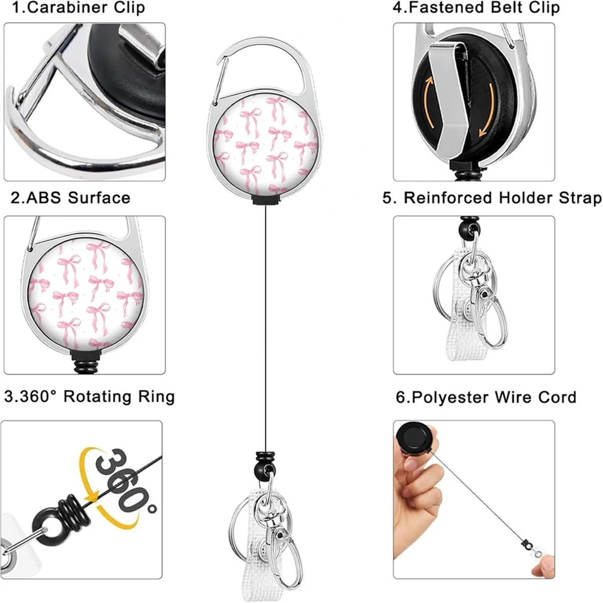 RANA Badge Holder Retractable Clip with Lanyard,Bow Print Lanyard with ID Holder,Breakaway Lanyards for ID Badges for Women