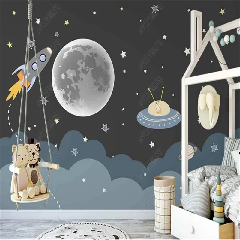 

Mural Wallpaper For Kid's room Hand Drawn Starry Sky Cartoon Sailing Space Children's Room Background Wall Papers Home Decor