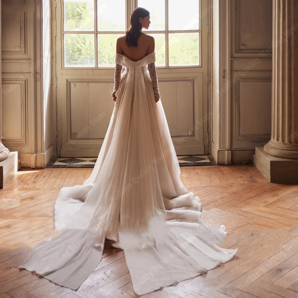 Mulheres fora do ombro Tule superfície vestidos de casamento, vestido de noiva, esfregando comprimento, vestido de casamento para mulheres