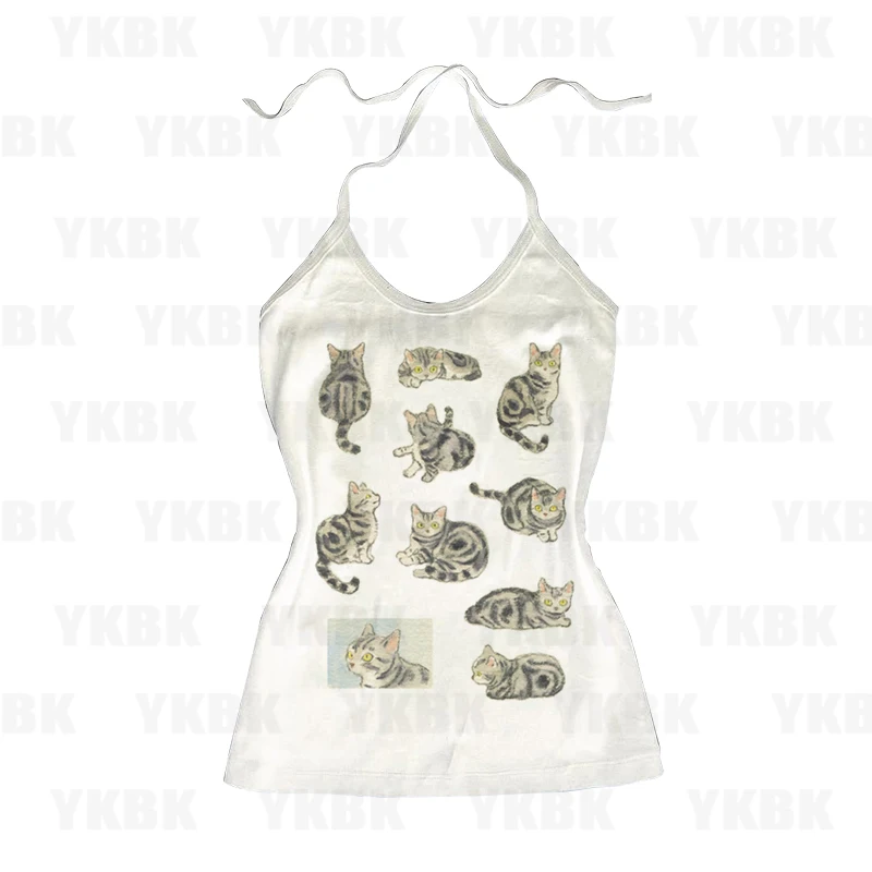 Y2K Punk Print Sleeveless Tank Top For Women 2000s Crop Top Summer Fairy Kitten Cat 90s Hippie Tee Korea Fashion Casual Harajuku