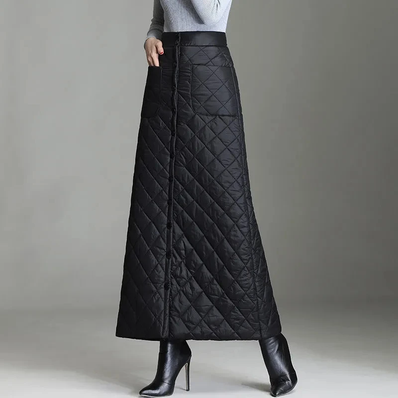 Windproof Kneepad Thick Warm Down Cotton Skirts Autumn Winter High Waist Long Skirt Windproof Fashion One-piece Mid-Length Skirt