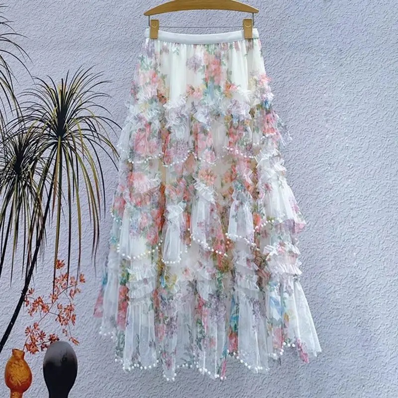 Irregular Stitching Mesh Floral Print Skirt Women's 2026 Summer French Style Fairy Temperamental A- Line Long Skirts Street