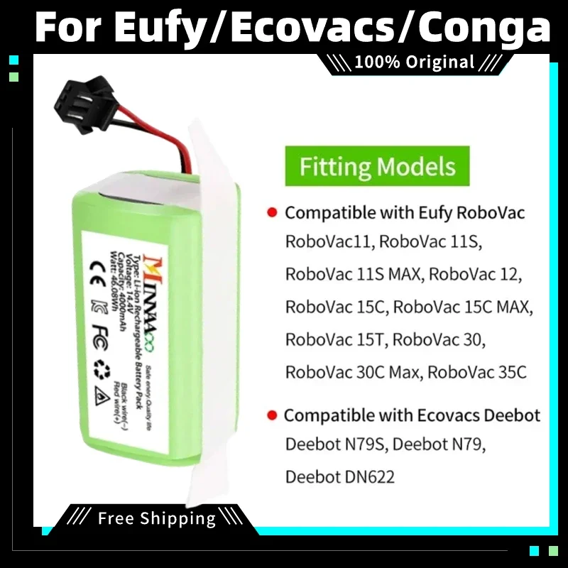 14.4V 4Ah Replacement Lithium Battery for Conga Excellence 990 1090 1790 1990 Ecovacs Deebot N79 N79S DN622, Eufy Robovac 30 35C