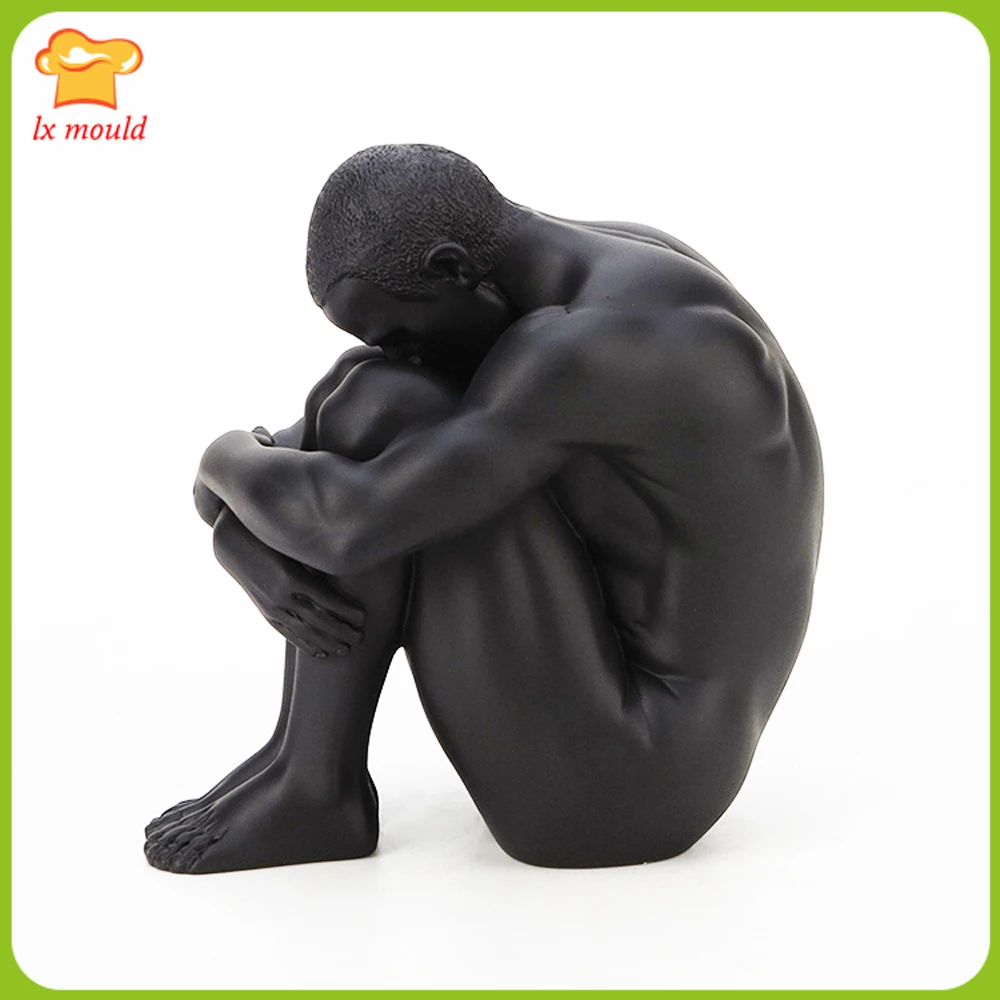 

3D Human Body Silicone Mold Art Male Sitting Posture Holding Legs Birthday Gift Home Decoration Candle Plaster Mould