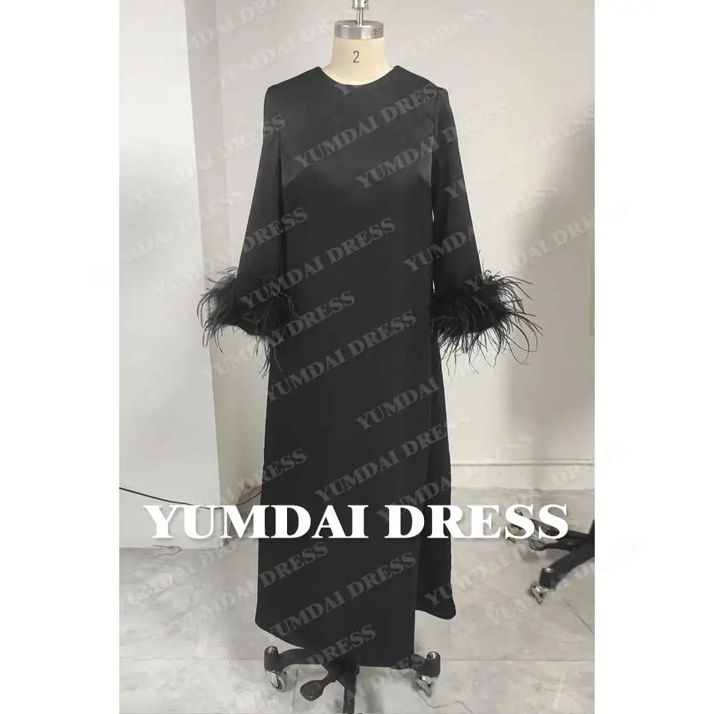 YUMDAI Gorgeous Middle East Long Sleeve Evening Gown Black Straight Formal Dress Long Women Feather Decorated Elegant Ball Gress