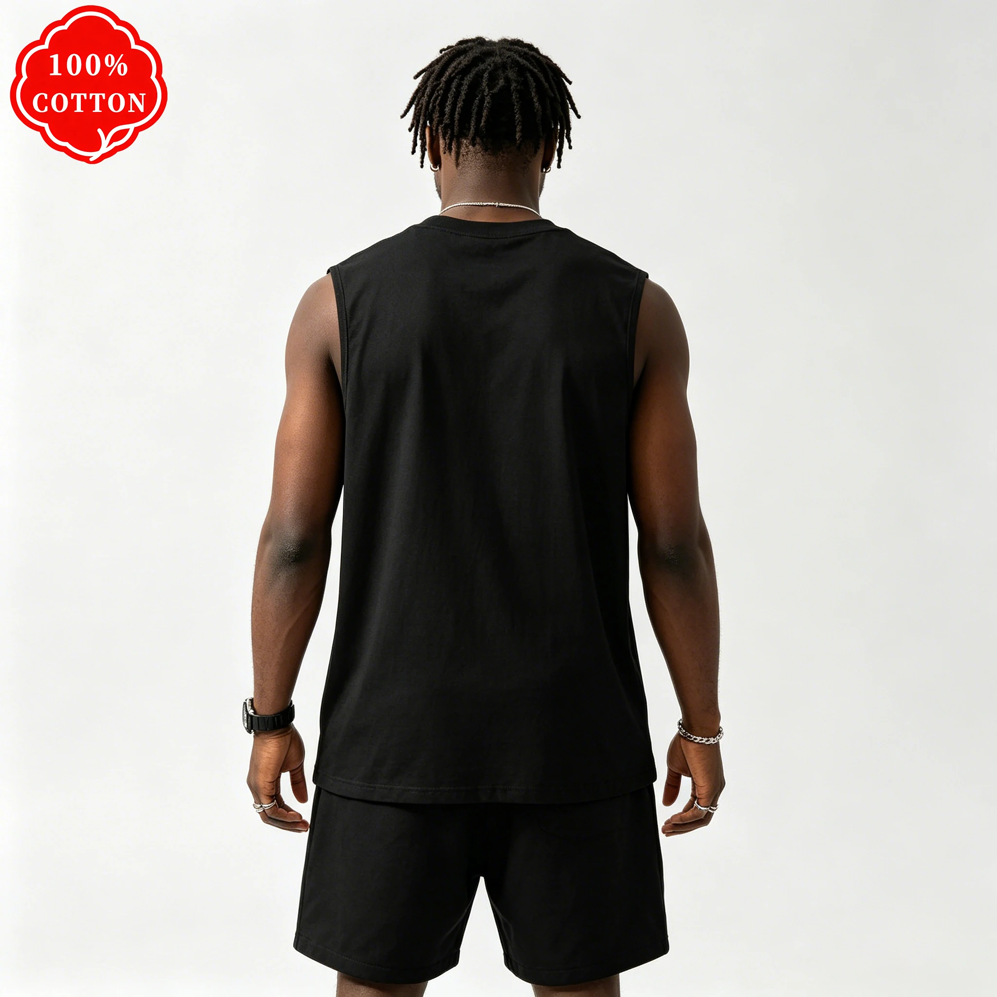 100% cotton men's summer vest is loose-fitting, featuring 1977 patterned print on a round neck and sleeveless design - T56 view 2