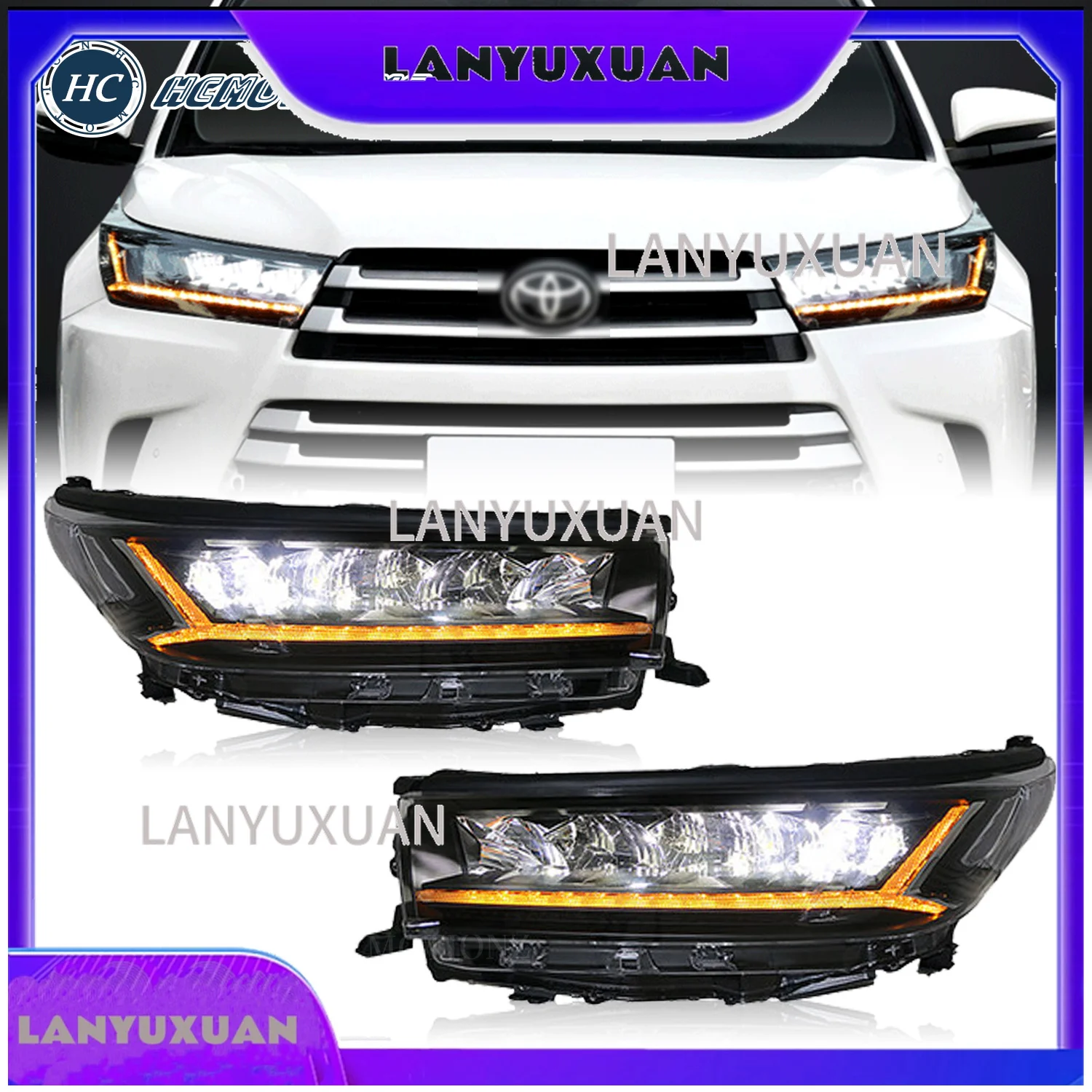 2026 HCMOTIONZ Car Front Lamps 2016-2019 Start up Animation Sequential Kluger SE XLE LE LED Headlights for Toyota Highlander