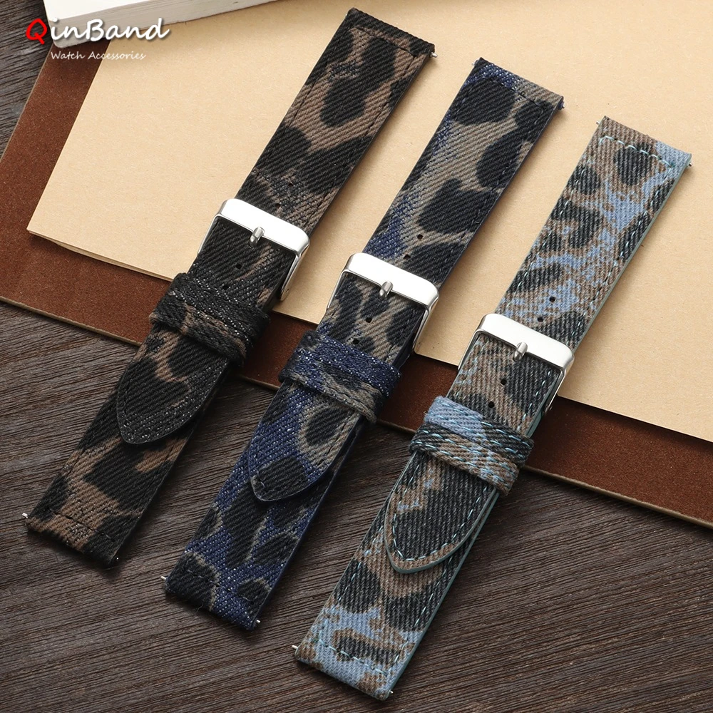 Leopard-Print Denim Leather Watch Strap 18mm 20mm 22mm for Seiko Watchband for Men Women Replacement Band Quick Release Bracelet