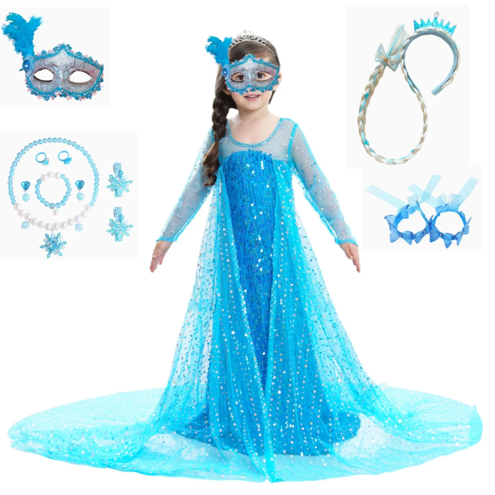 

9pcs Blue Snow Queen Girls Princess Dress Costume Sequin Halloween Birthday Party Cosplay Performance Dress Up Kids