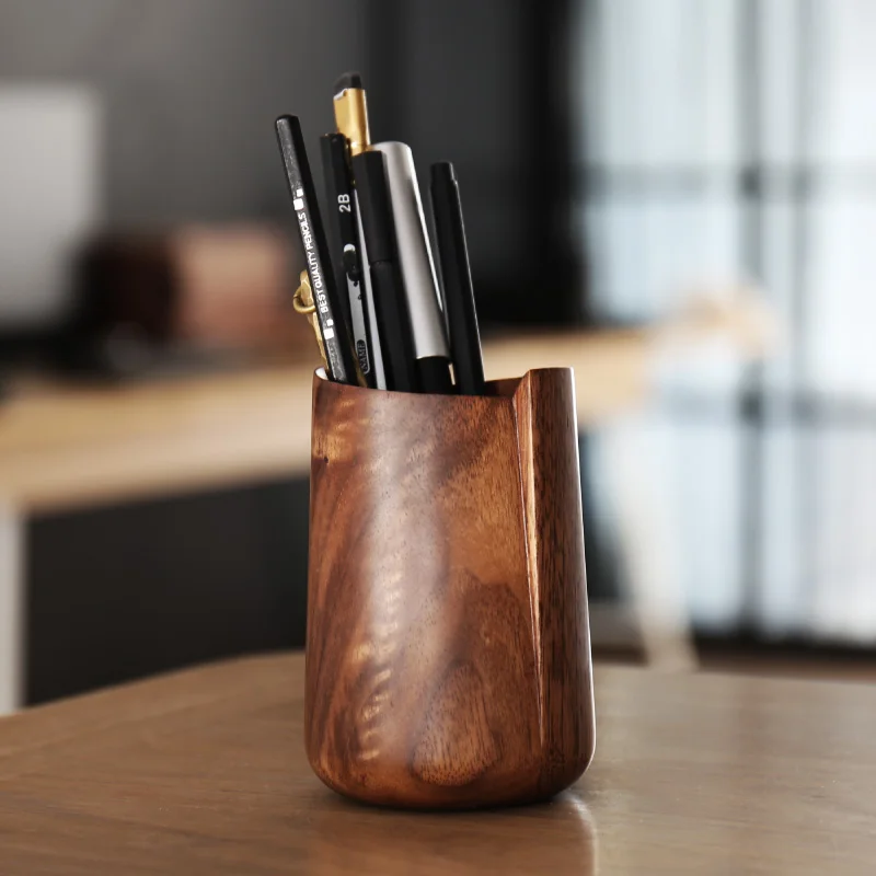 

Solid Walnut Wooden Pen Holder, Geometric Offset Pencil Cup, Desktop Stationery Organizer, Minimalist Office Display Accessory